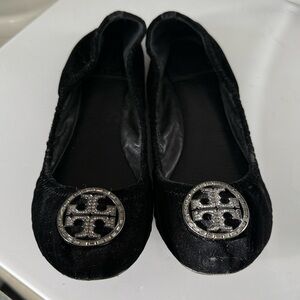 Tory Burch Black Flats with Silver Rhinestone Logo